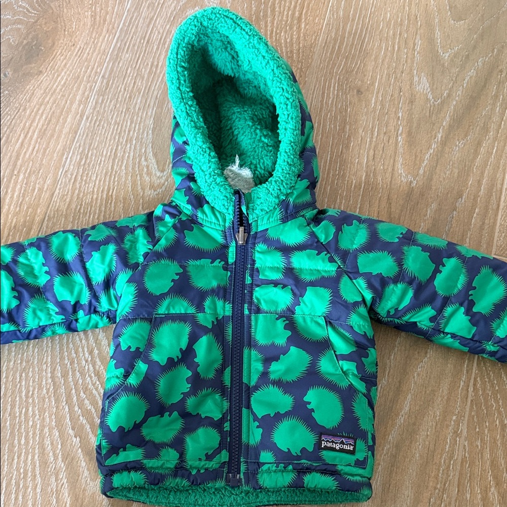 Patagonia Baby Reversible Fleece Jacket 6M Green Hedgehog Hooded Coat